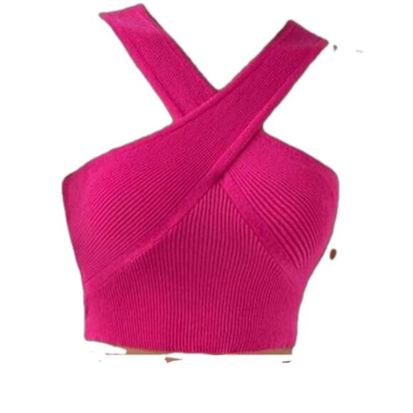 House of Harlow 1960 knit criss cross ribbed hot pink top size Large New - Picture 1 of 6
